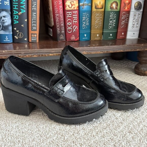 Dirty Laundry Black Patent Vegan Leather Chunky Heeled Loafers Size 7 Y2K 90s - Picture 1 of 6